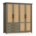 Armadio guardaroba 180x60x200 cm in legno grigio con rattan - 4 ante 3 cassetti stile naturale