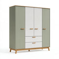 Armadio 180 x 55 x 200 cm a 4 ante con 2 cassetti in legno verde salvia e bianco stile nordico