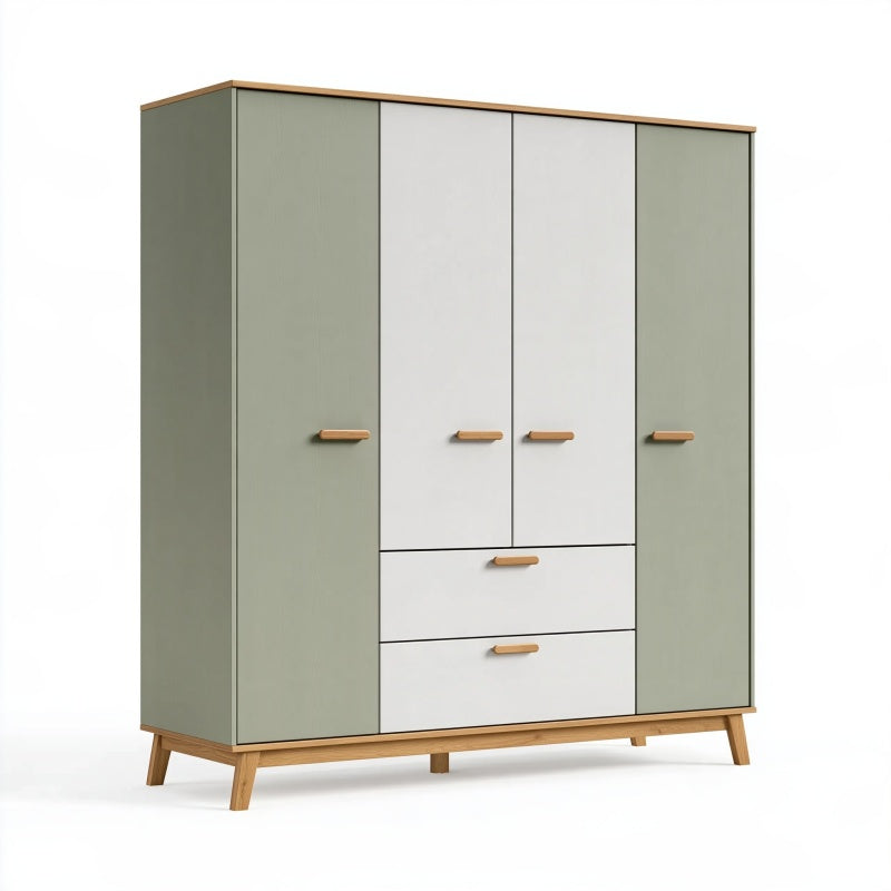 Armadio 180 x 55 x 200 cm a 4 ante con 2 cassetti in legno verde salvia e bianco stile nordico