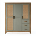 Armadio guardaroba 150 x 55 x 200 cm in legno verde salvia e rattan - stile naturale con 3 ante e cassetti