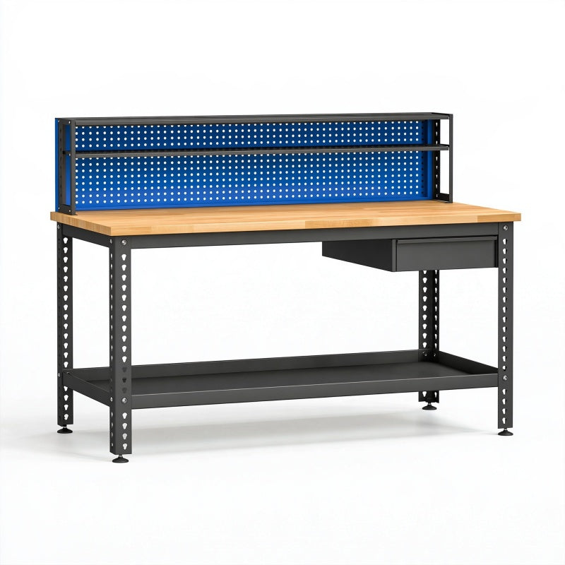 Banco da lavoro 120 x 60 x 150 cm in acciaio nero con piano in legno e pannello portautensili