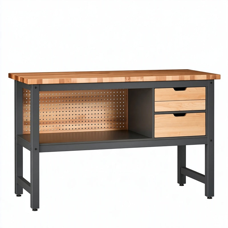 Banco da lavoro 152 cm in legno e acciaio nero con cassetti e pannello portautensili