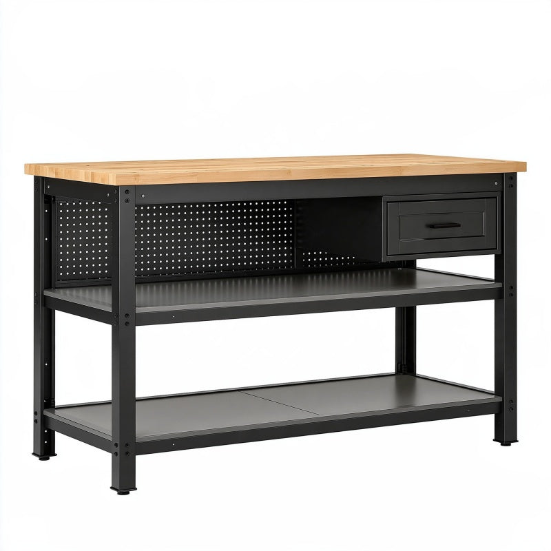 Banco da lavoro 160 x 60 x 90 cm in acciaio nero e legno con cassetto stile industriale