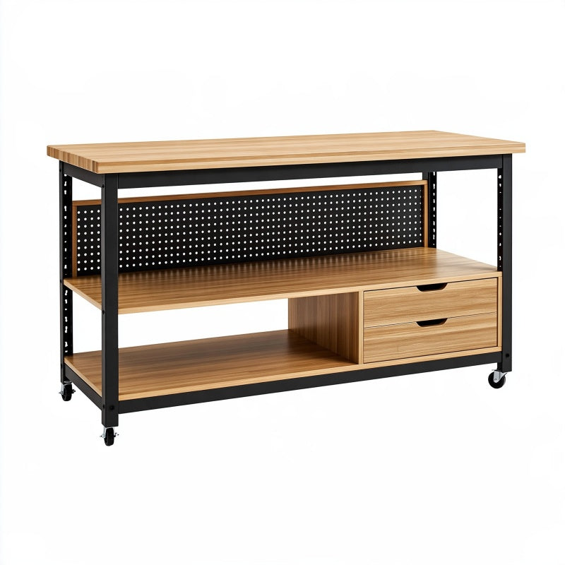 Banco da lavoro 160 x 60 x 90 cm in legno e metallo marrone nero con ruote e cassetti