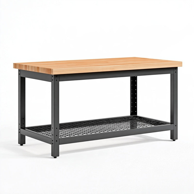 Banco da lavoro 120 x 60 x 90 cm in legno e metallo nero con ripiano a griglia