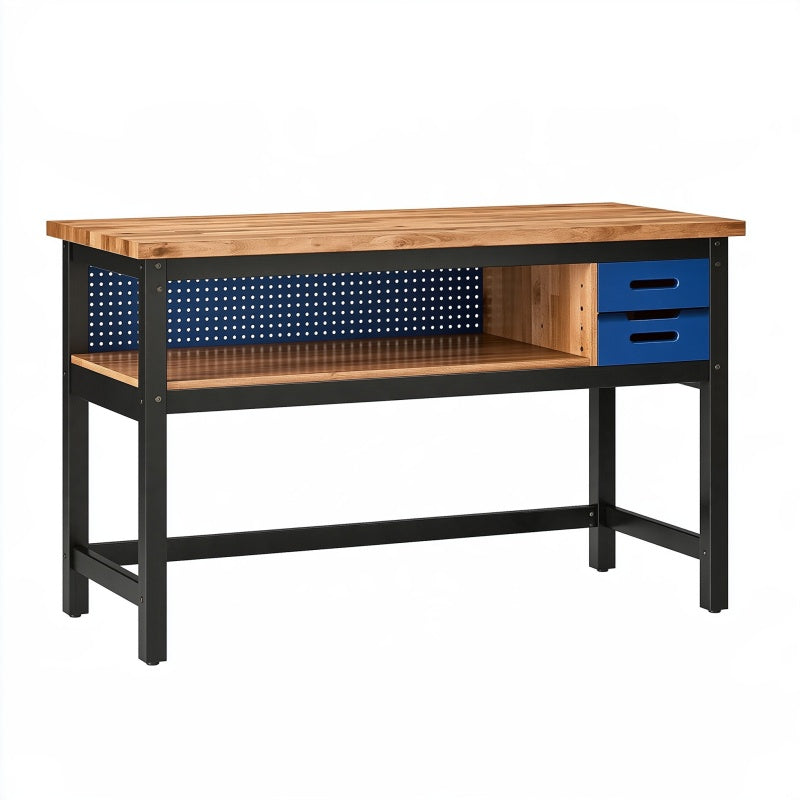 Banco da lavoro 120x60x90 cm in legno e acciaio nero/marrone/blu con cassetti stile industriale