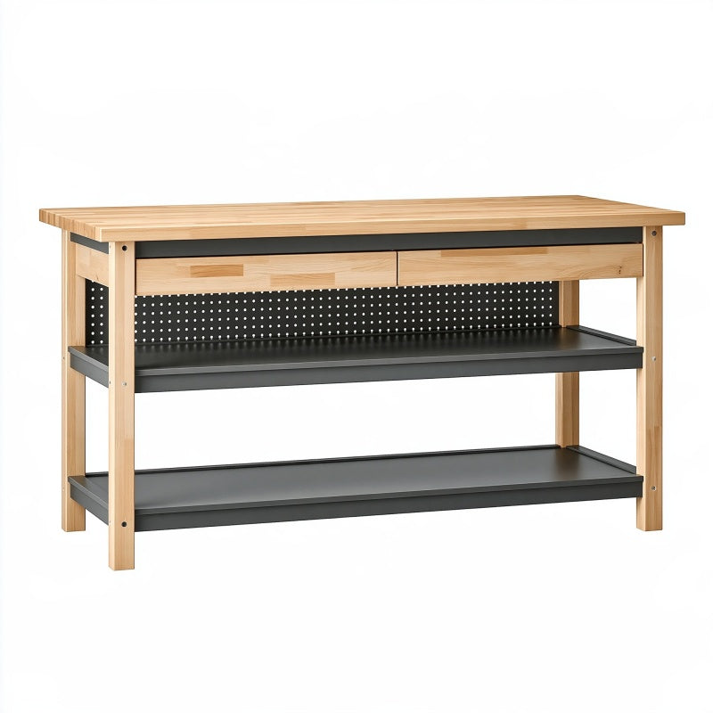 Banco da lavoro 120x60x90 cm in legno naturale e metallo nero con cassetto e ripiani