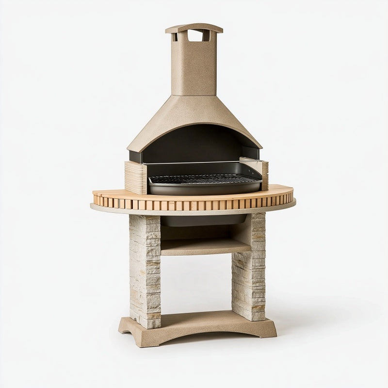 Barbecue da giardino 120 x 70 x 210 cm in pietra beige e metallo con camino