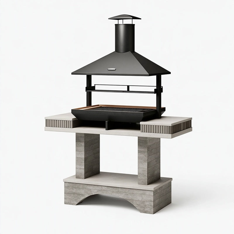 Barbecue da giardino 160 x 80 x 220 cm in metallo e pietra grigio nero con cappa