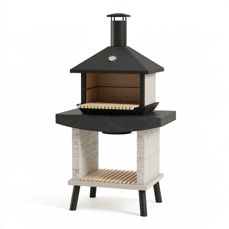 Barbecue da giardino 100 x 70 x 190 cm in metallo e mattoni refrattari nero e bianco con camino