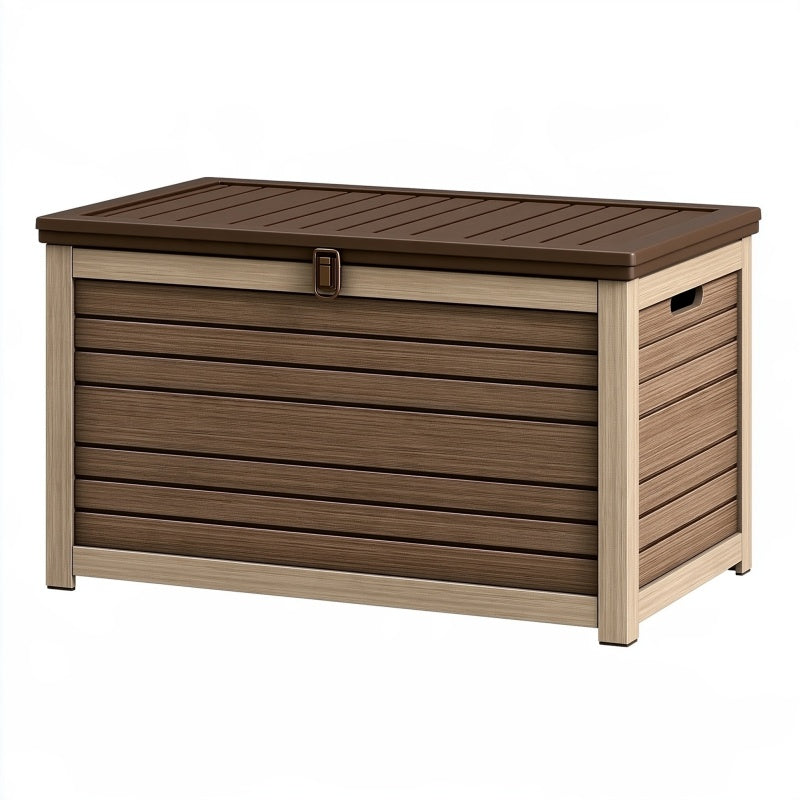 Cassapanca da esterno 120 x 55 x 65 cm in plastica marrone effetto legno con coperchio