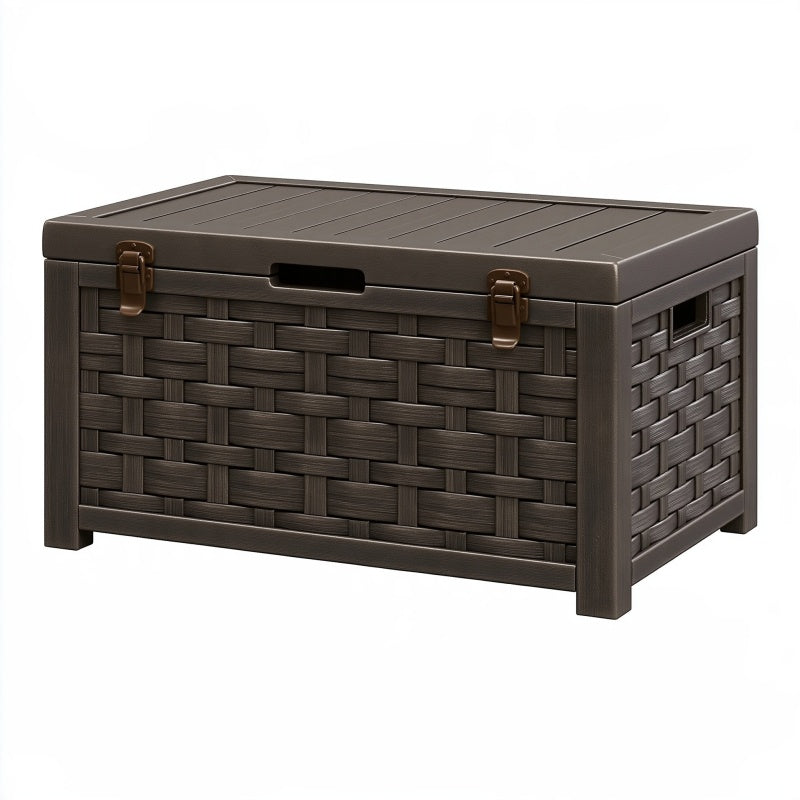 Baule contenitore da esterno 120 x 60 x 60 cm in resina marrone effetto rattan con coperchio e chiusure