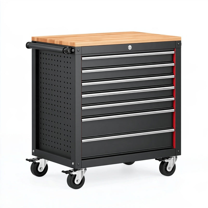 Carrello portautensili 80 x 46 x 96 cm in acciaio nero con piano in legno e 7 cassetti
