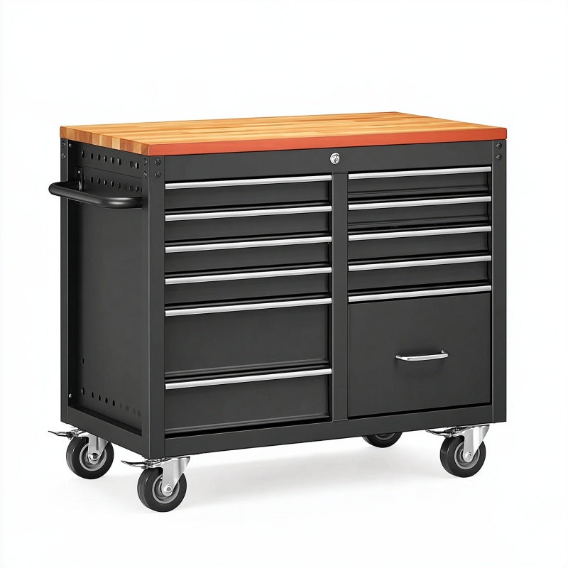 Carrello portautensili 112 x 56 x 95 cm in acciaio nero con piano in legno e ruote