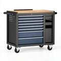 Carrello portautensili 120 cm in acciaio nero e blu con piano in legno e cassetti