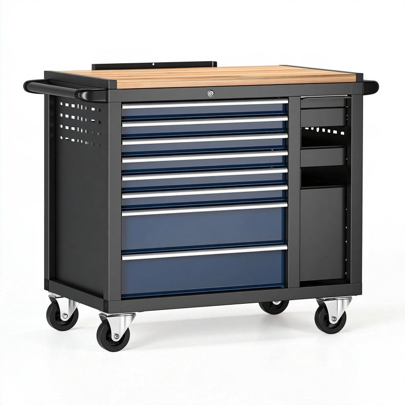 Carrello portautensili 120 cm in acciaio nero e blu con piano in legno e cassetti