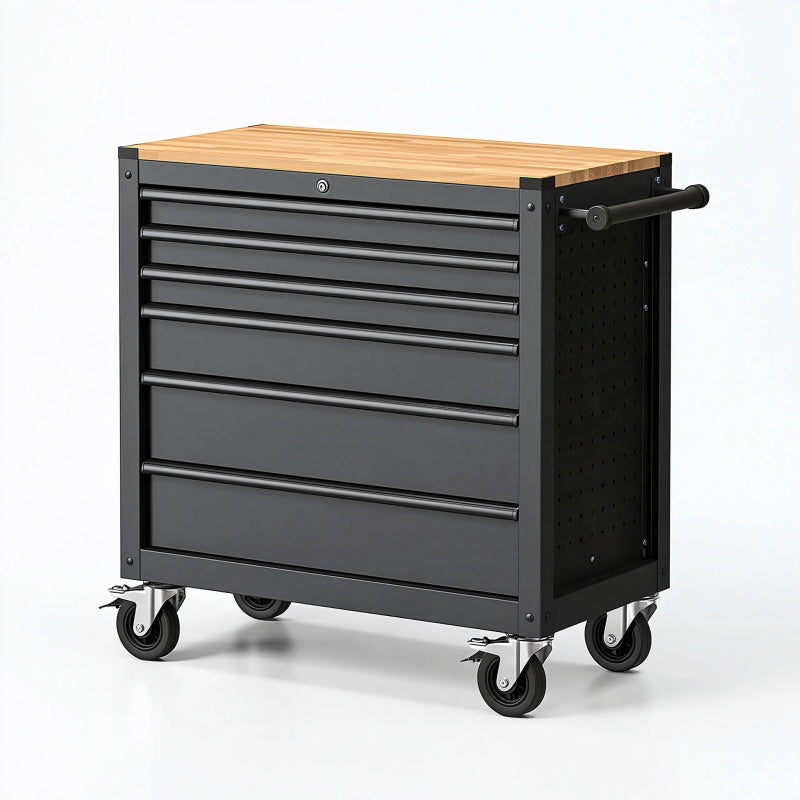 Carrello portautensili 100 x 50 x 95 cm in acciaio nero con piano in legno e 7 cassetti