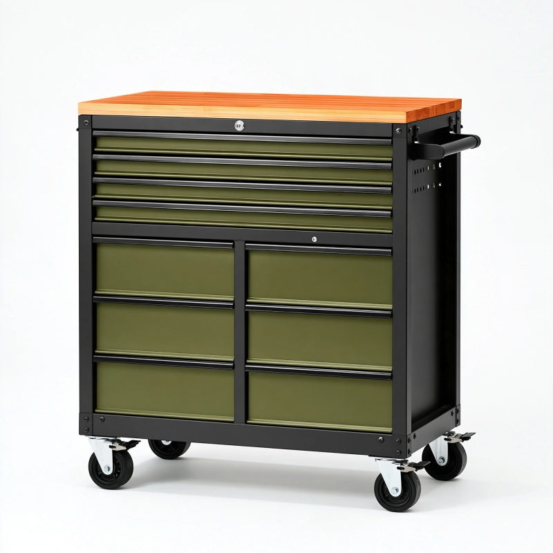 Cassettiera portautensili 90 cm x 46 cm x 100 cm in acciaio nero e verde con piano in legno su ruote