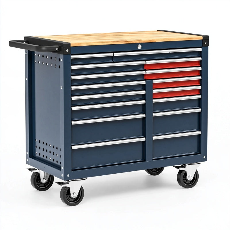 Carrello portautensili 110 x 50 x 95 cm in acciaio blu con piano in legno e cassetti