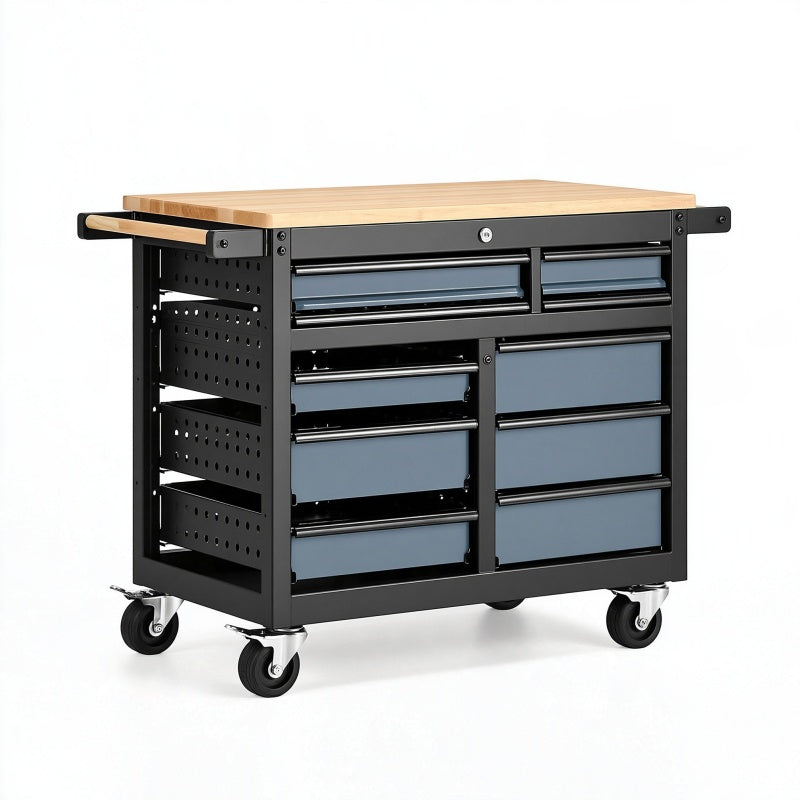Carrello portautensili 112 x 51 x 95 cm in acciaio nero e grigio con piano in legno e cassetti mobili