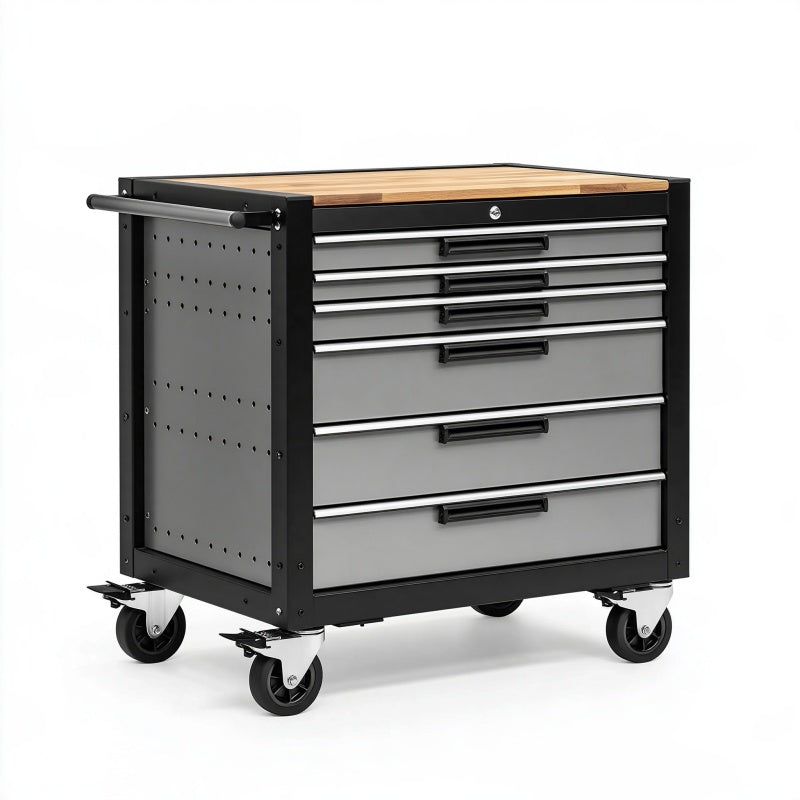 Carrello portautensili 85 x 46 x 96 cm in metallo nero e grigio con piano in legno e 7 cassetti