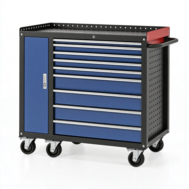 Carrello portautensili 100 x 50 x 95 cm in acciaio blu nero e rosso con 9 cassetti e ruote