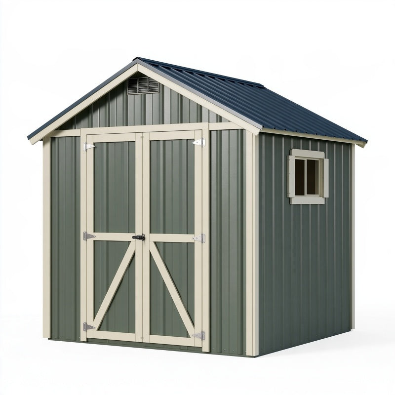 Casetta da giardino 213 x 191 x 195 cm in acciaio verde con doppia porta e finestra